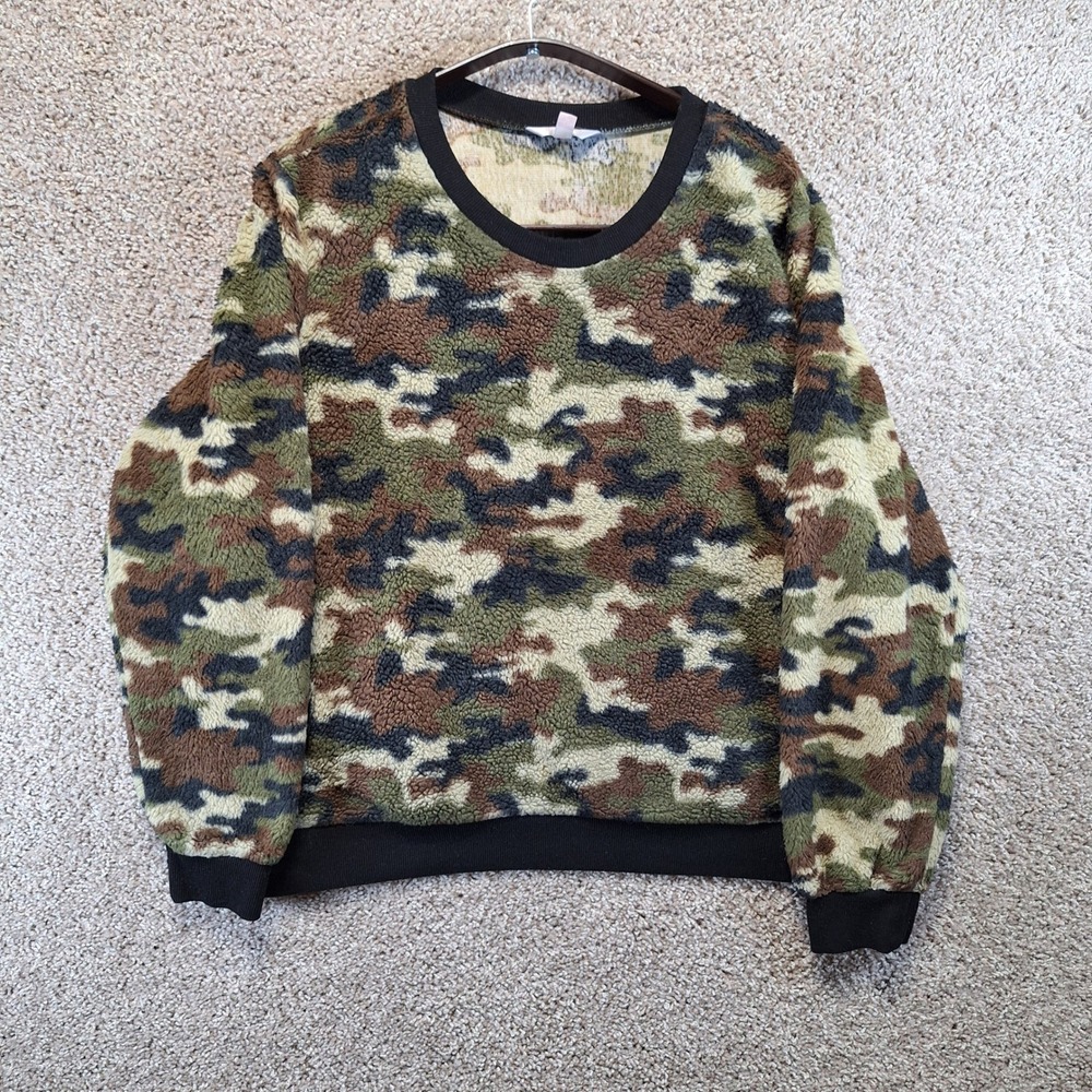 No Boundaries Sweatshirt XXXL Multicolor‎ Camo Faux Fur Fleece Pullover Boho